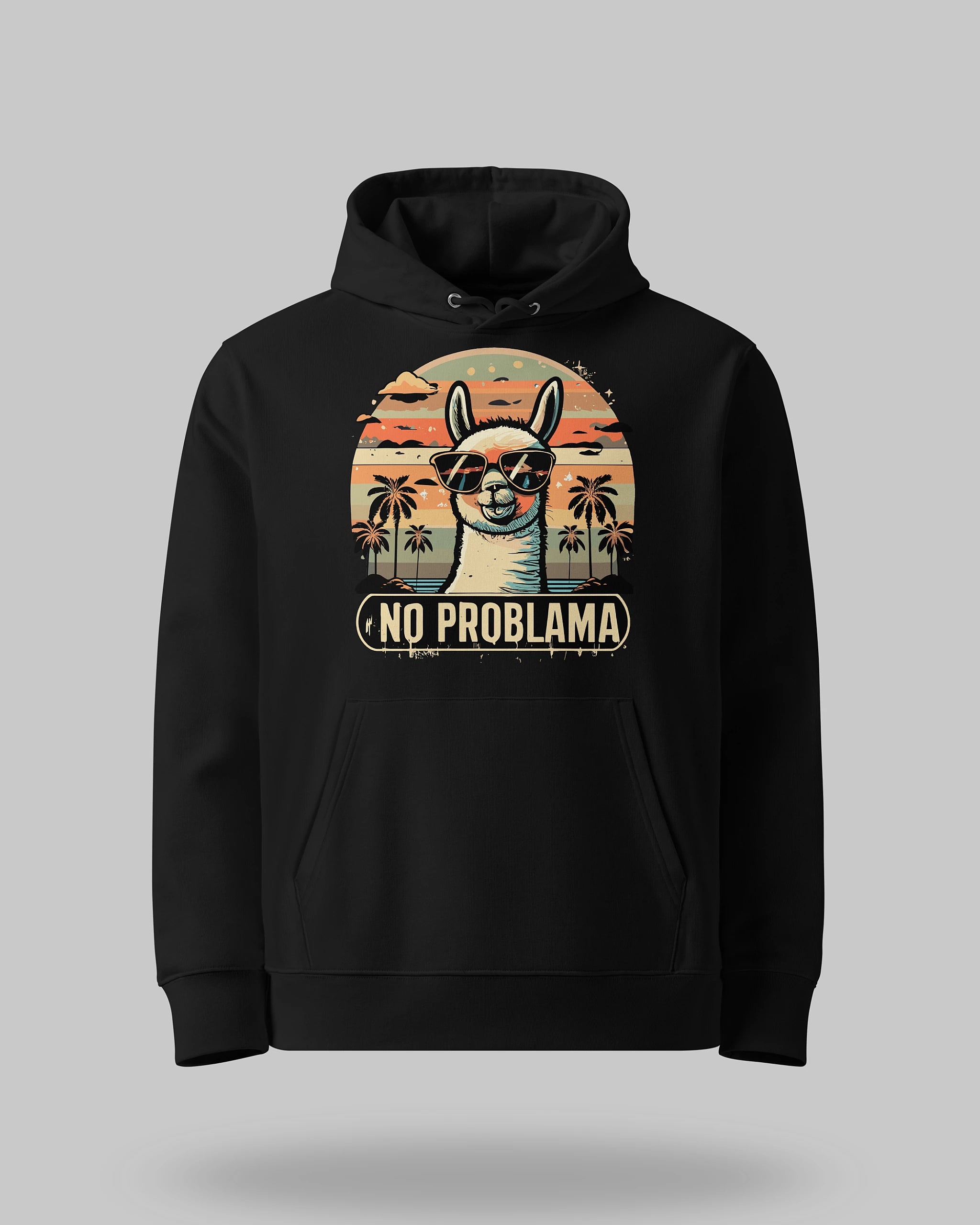 Kuscheliger Statement-Hoodie "No Problama" aus Bio-Baumwolle in Schwarz – Produktansicht auf neutralem Hintergrund.