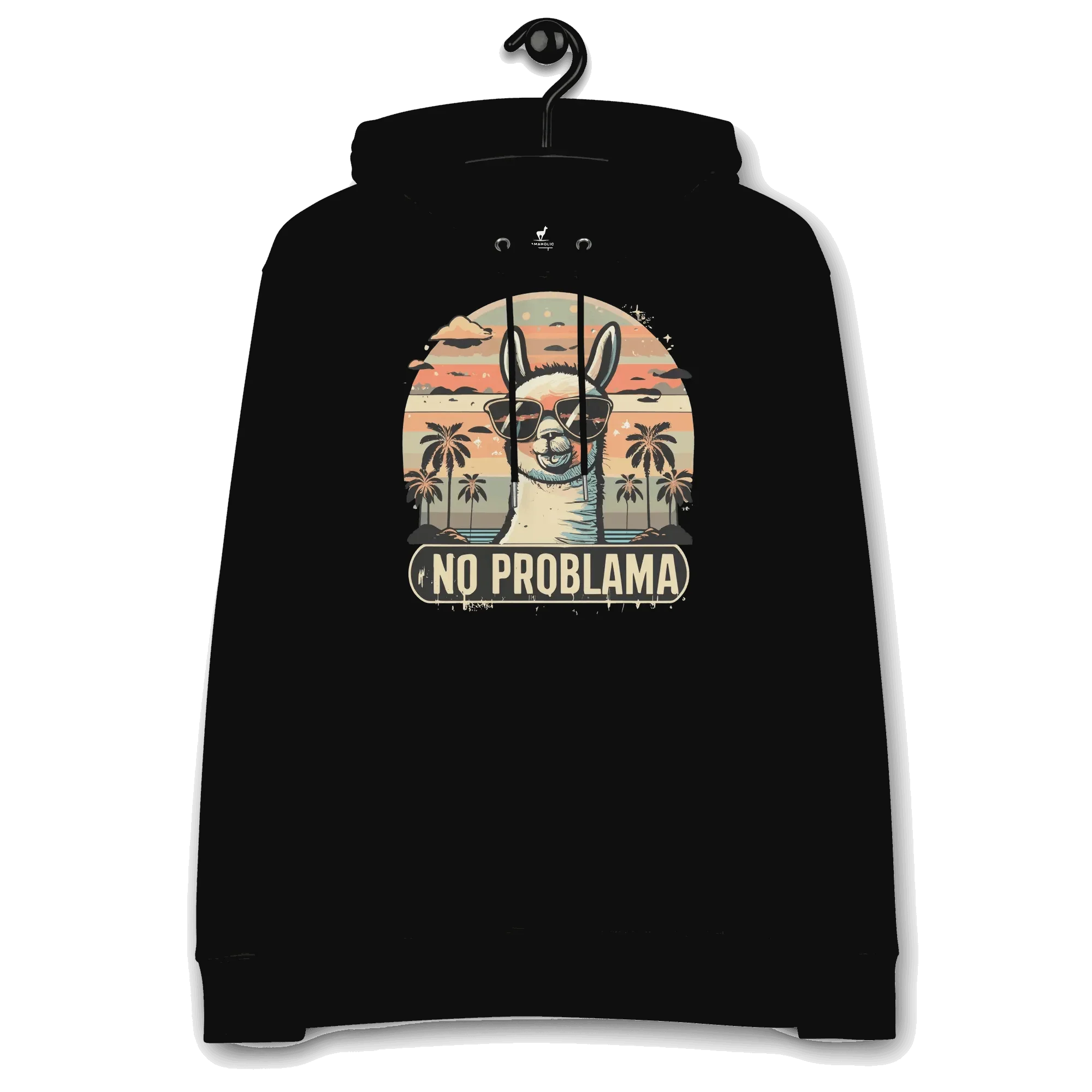 No Problama Hoodie in Schwarz, auf einem Kleiderbügel präsentiert.