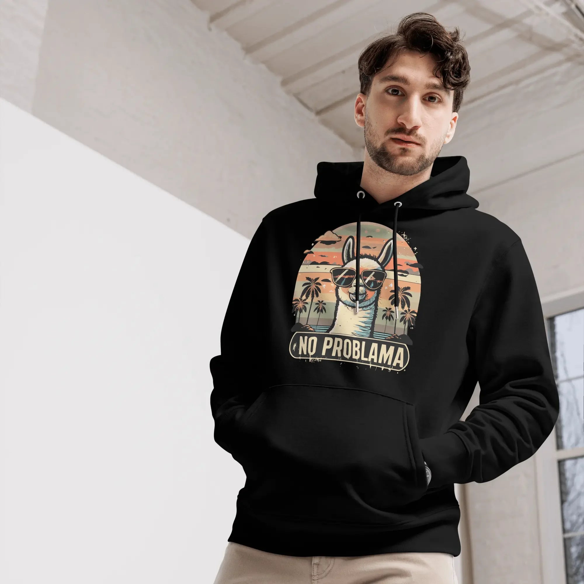 Lustiger Lama Hoodie No Problama mit Retro-Sonnenuntergang, Bio-Baumwolle, Lamaholic.