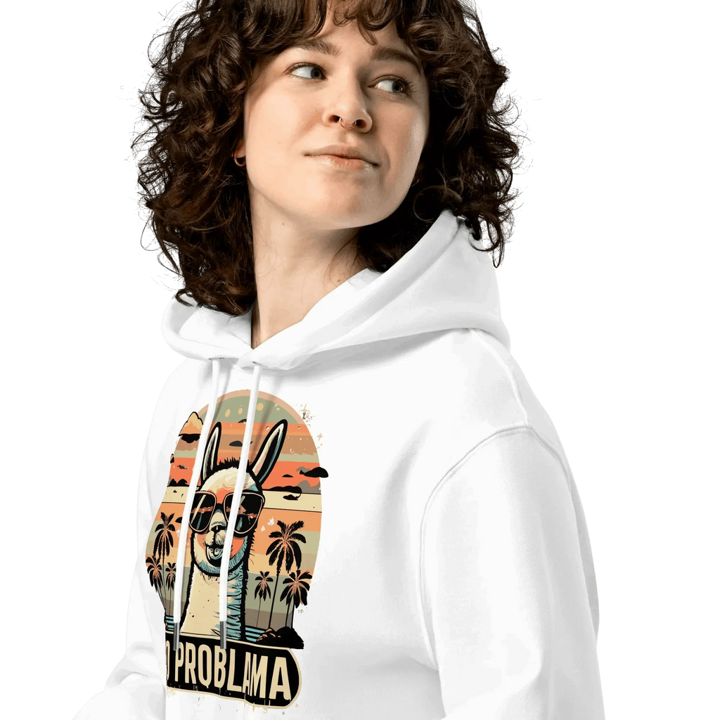 Detailansicht der Kapuze des No Problama Hoodies in Weiss.