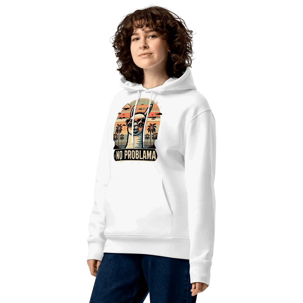 Nahaufnahme des No Problama Hoodies in Weiss an einem weiblichen Model.