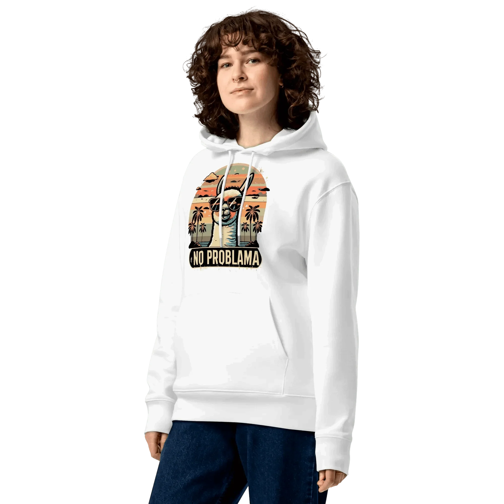 Nahaufnahme des No Problama Hoodies in Weiss an einem weiblichen Model.
