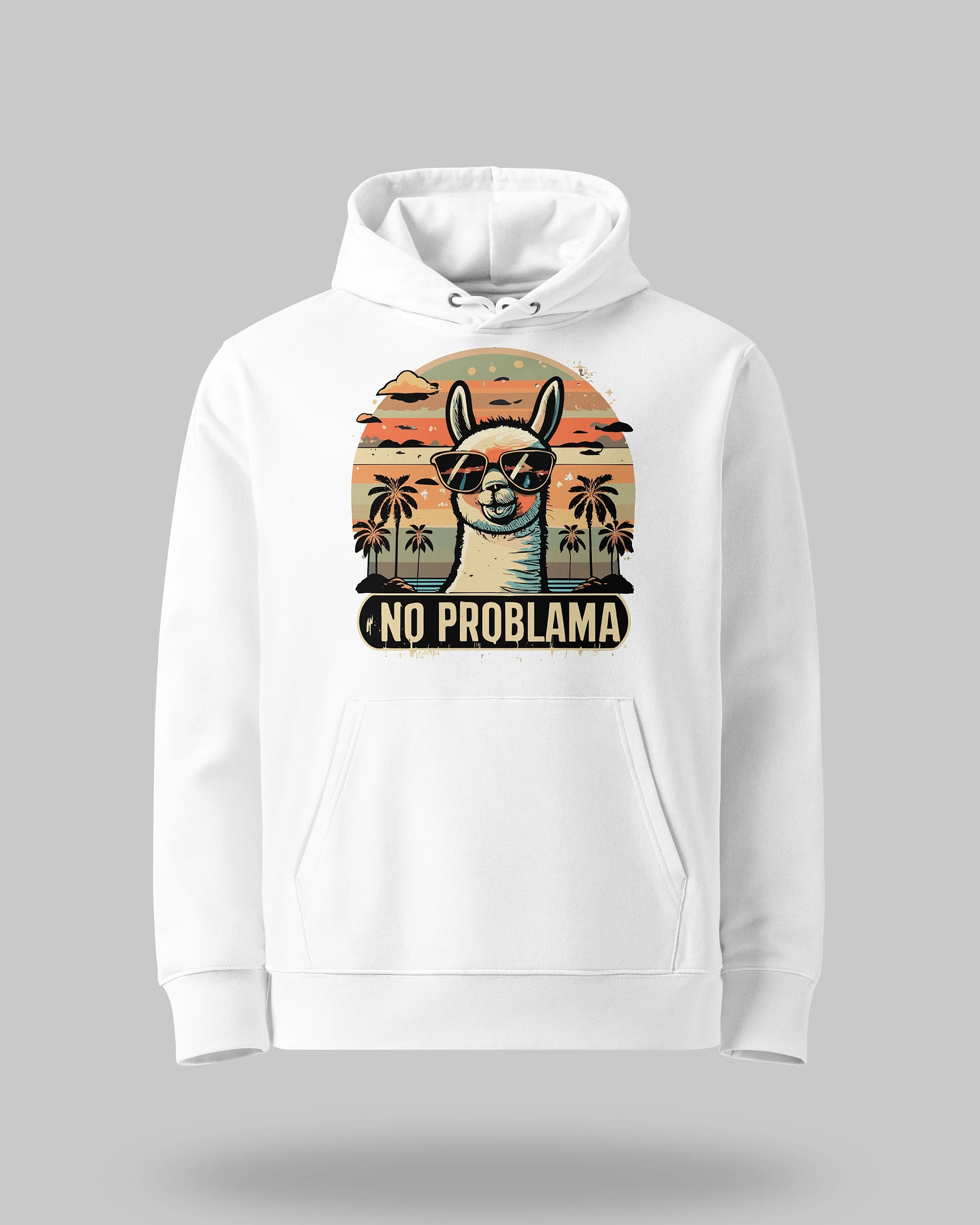 Kuscheliger Statement-Hoodie "No Problama" aus Bio-Baumwolle in Weiss – Produktansicht auf neutralem Hintergrund.