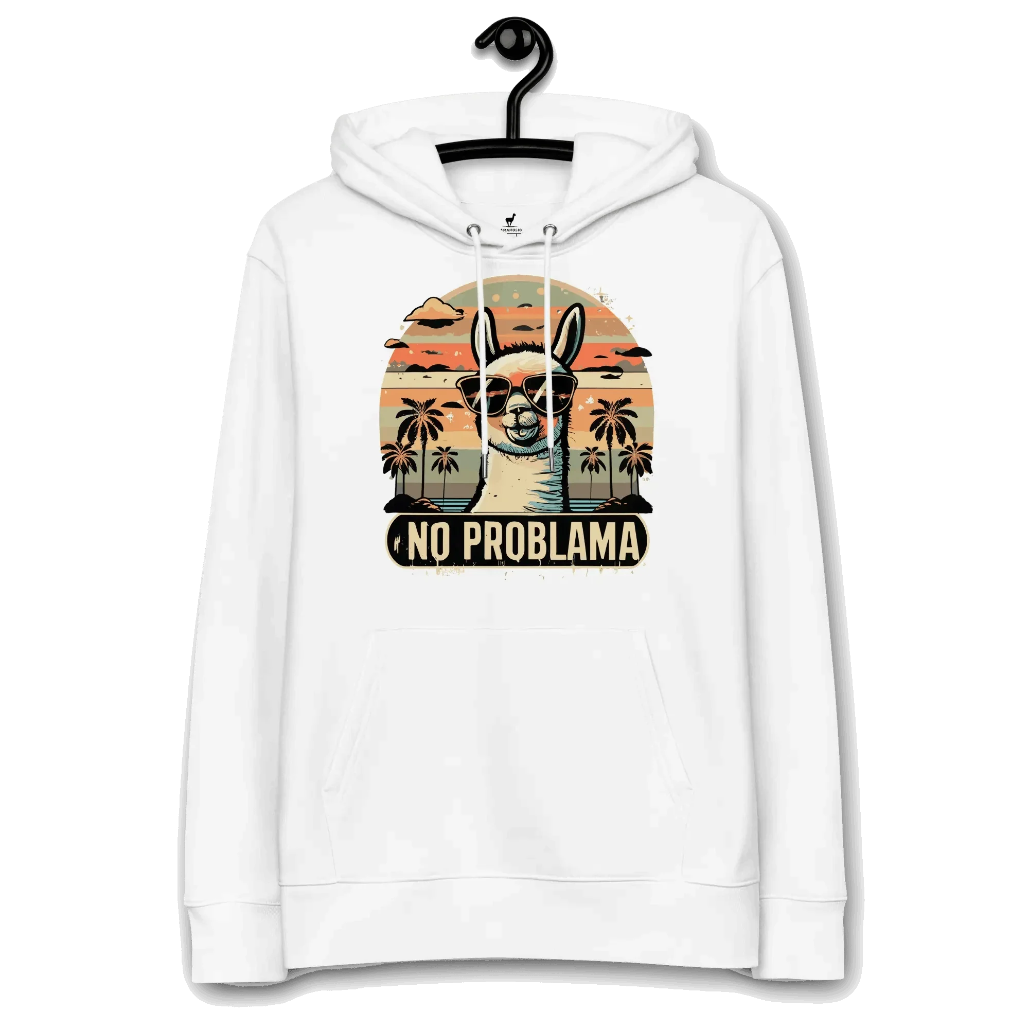 No Problama Hoodie in Weiss, auf einem Kleiderbügel präsentiert.