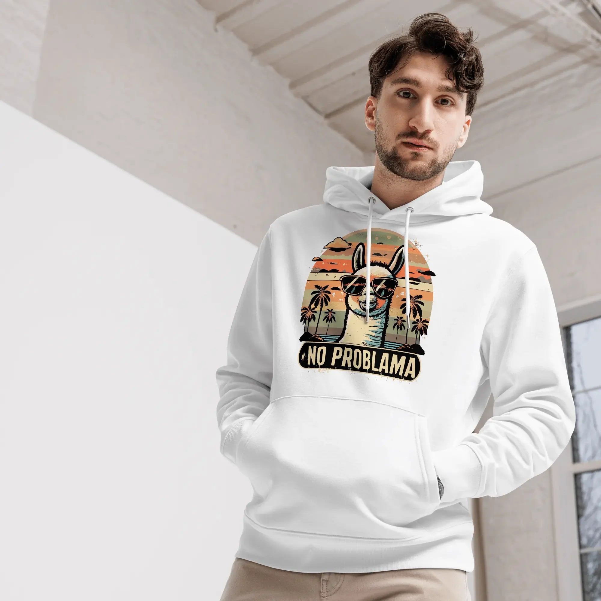 Lustiger Lama Hoodie No Problama mit Retro-Sonnenuntergang, Bio-Baumwolle, Lamaholic.