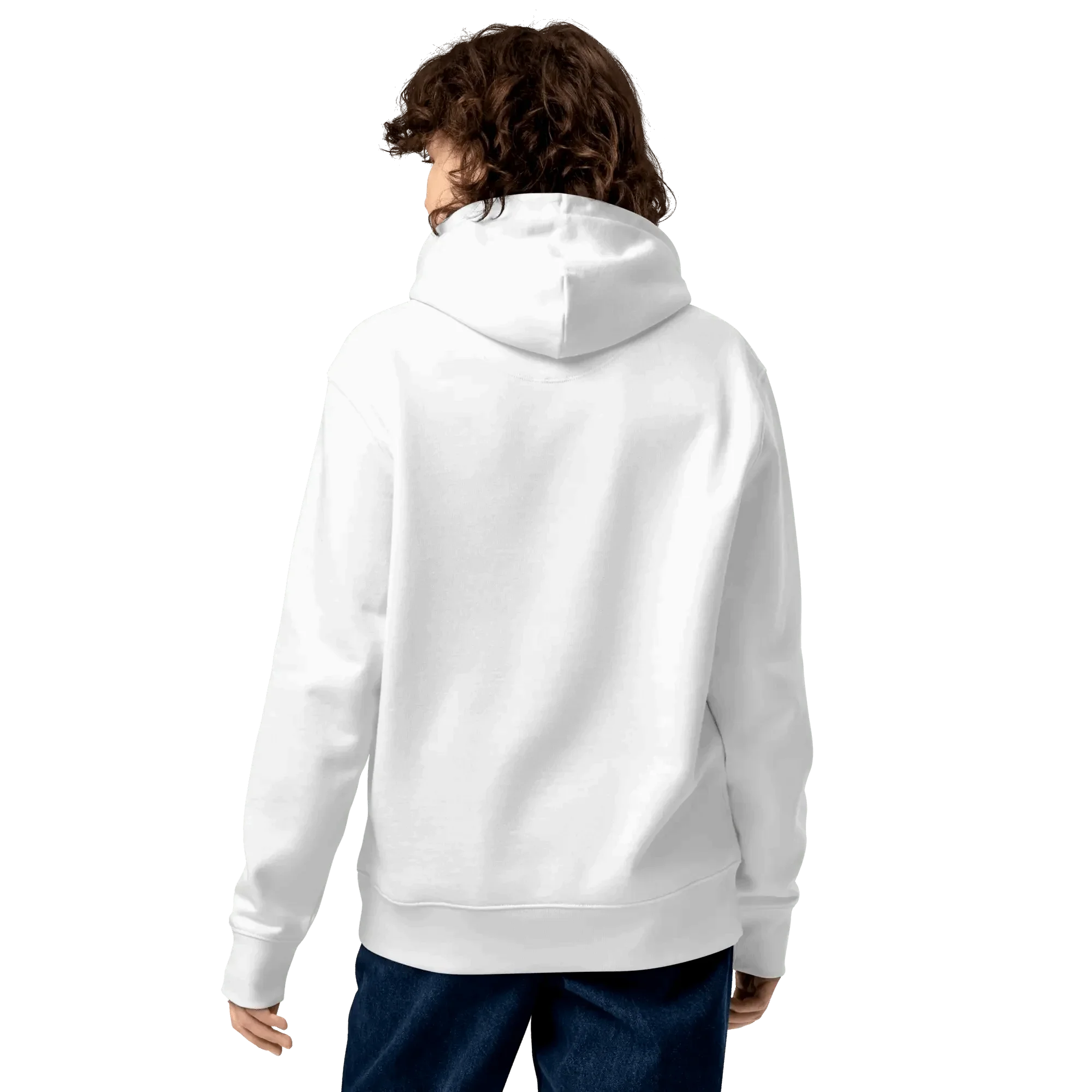 Rückseite des No Problama Hoodies in Weiss, getragen von einem Mann.