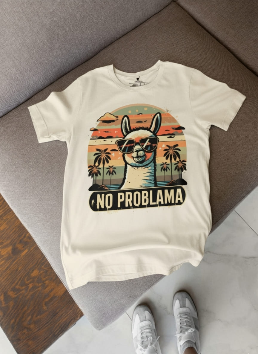 Das weiße 'No Problama' T-Shirt liegt lässig auf einer grauen Couch und symbolisiert entspannte Momente und Gelassenheit im Alltag.