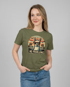 Lässiges Fun-Shirt für Damen: Das "No Problama" T-Shirt in Khaki, Frontansicht am Model.