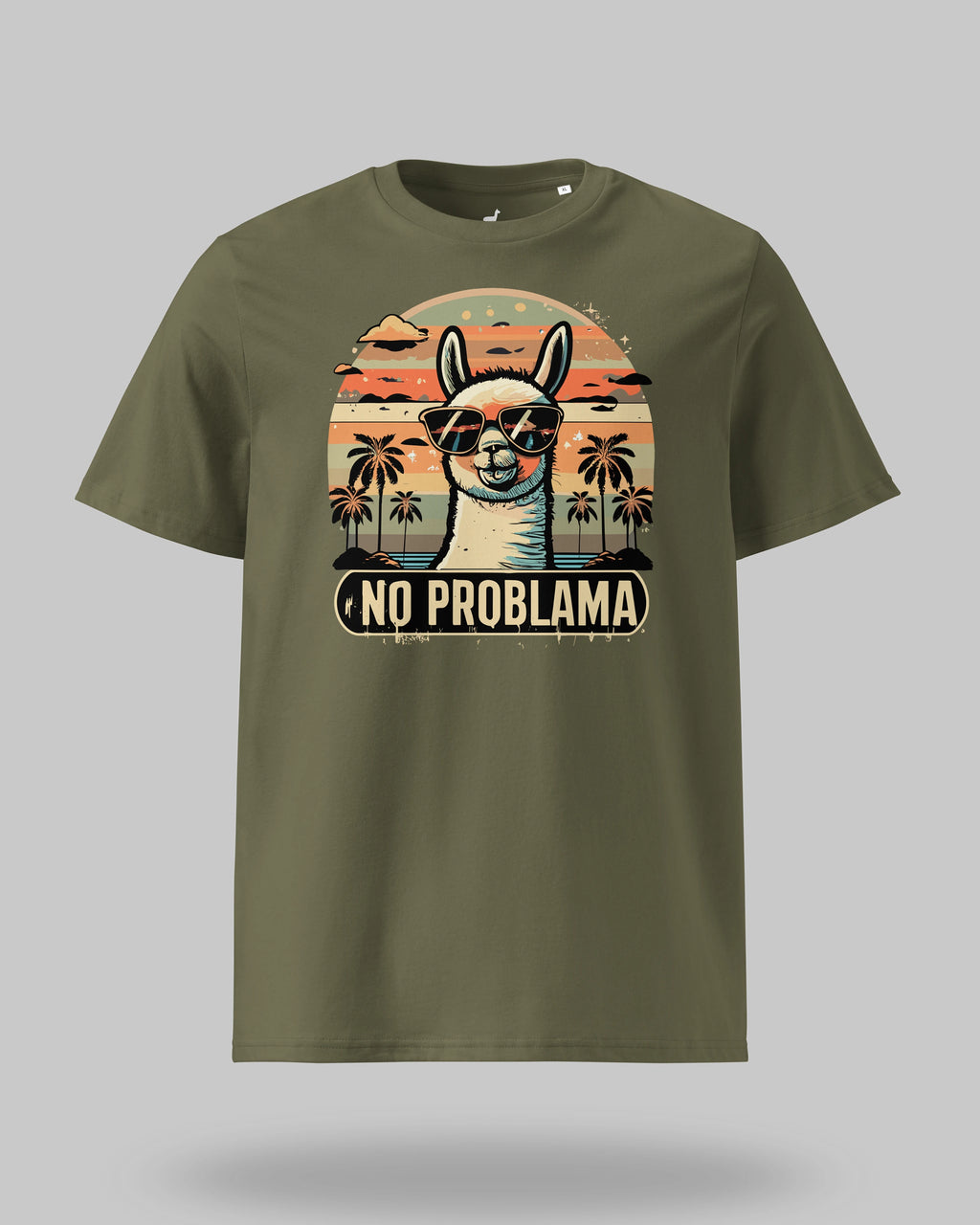 Lustiges Statement-Shirt "No Problama" aus Bio-Baumwolle in Khaki – Produktansicht auf neutralem Hintergrund.