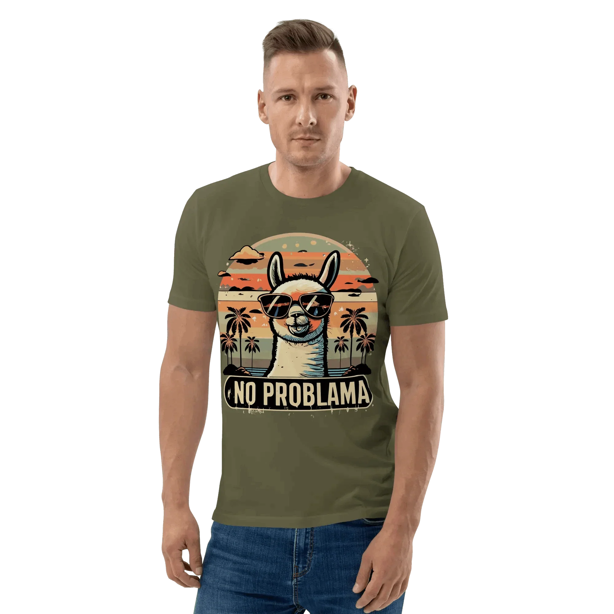 Mann trägt das lustige Lama T-Shirt in Khaki für mehr Gelassenheit.