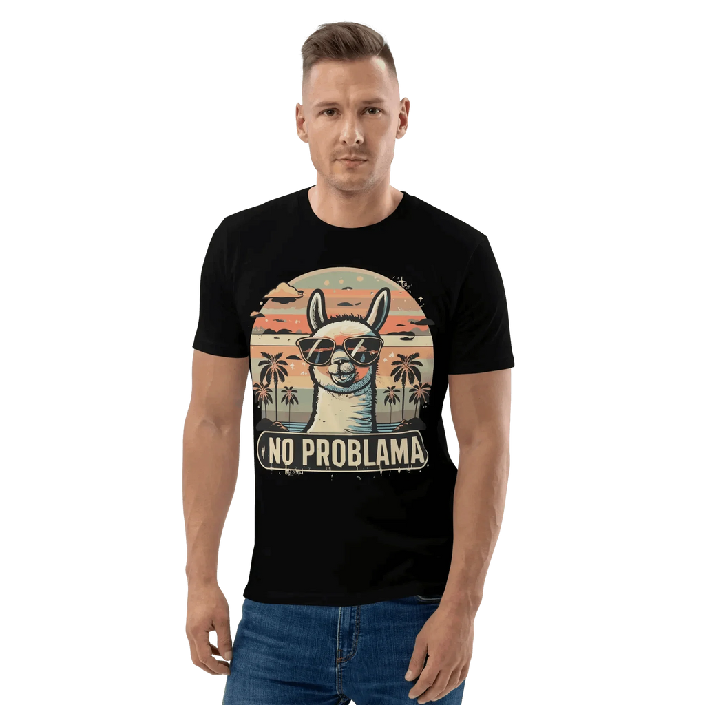 Mann trägt das lustige Lama T-Shirt in Schwarz für mehr Gelassenheit.