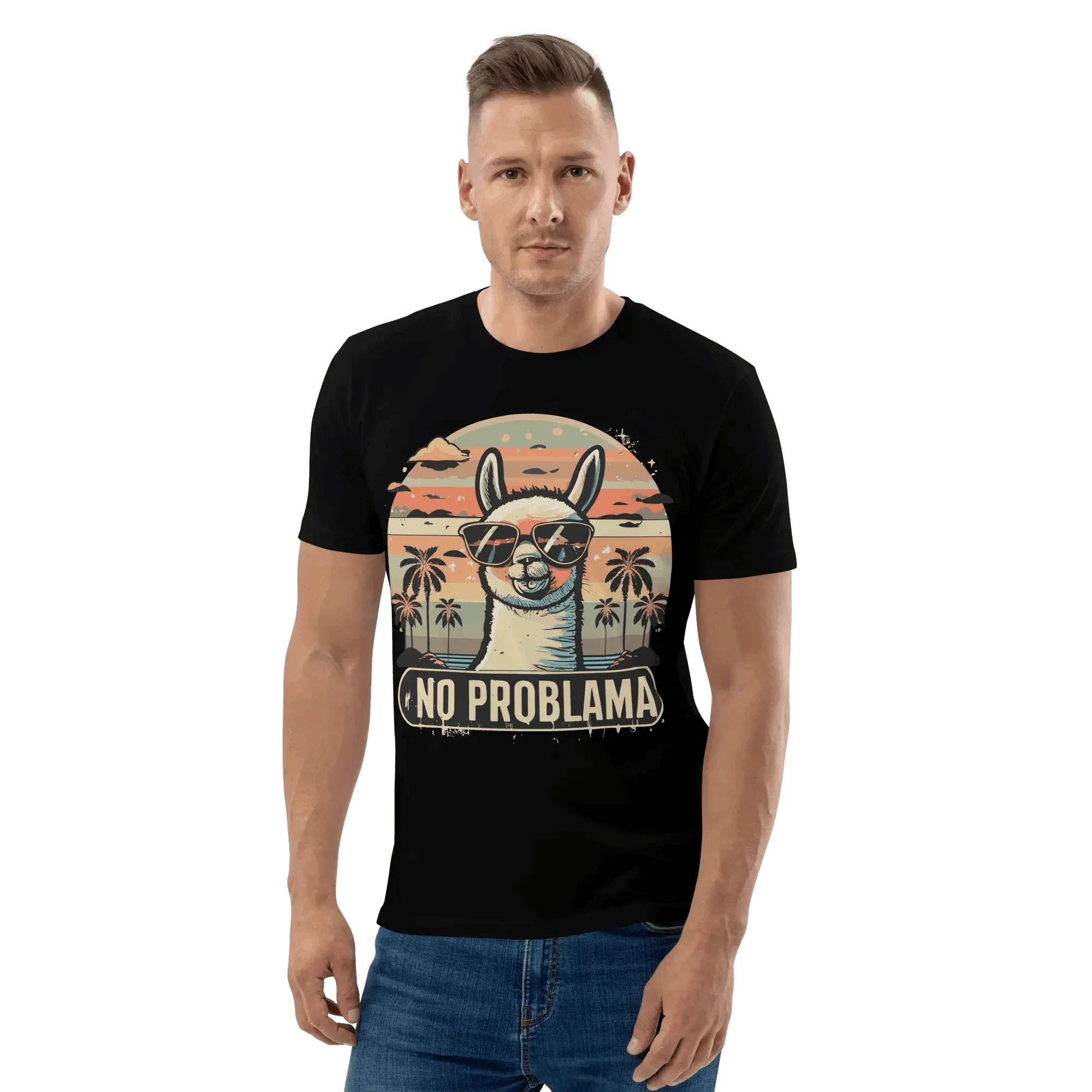 Mann trägt das lustige Lama T-Shirt in Schwarz für mehr Gelassenheit.