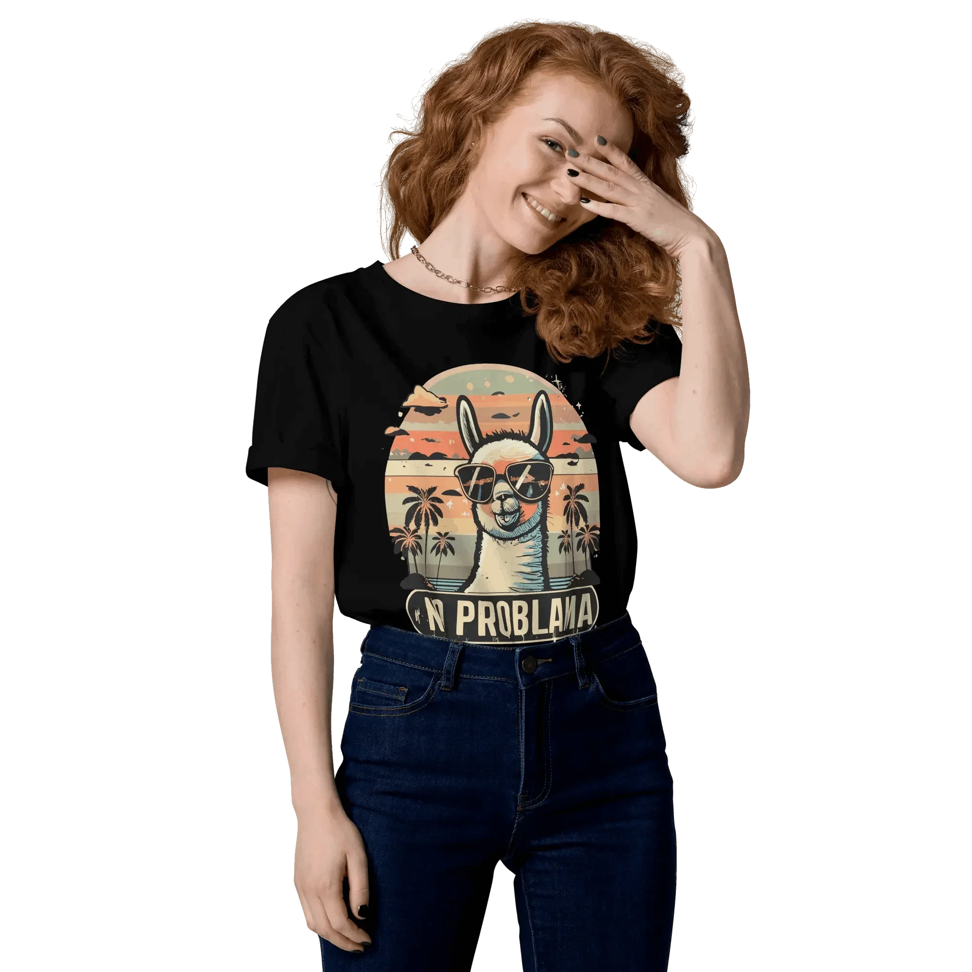 Frau trägt das lustige Lama T-Shirt in Schwarz als Statement gegen Stress.