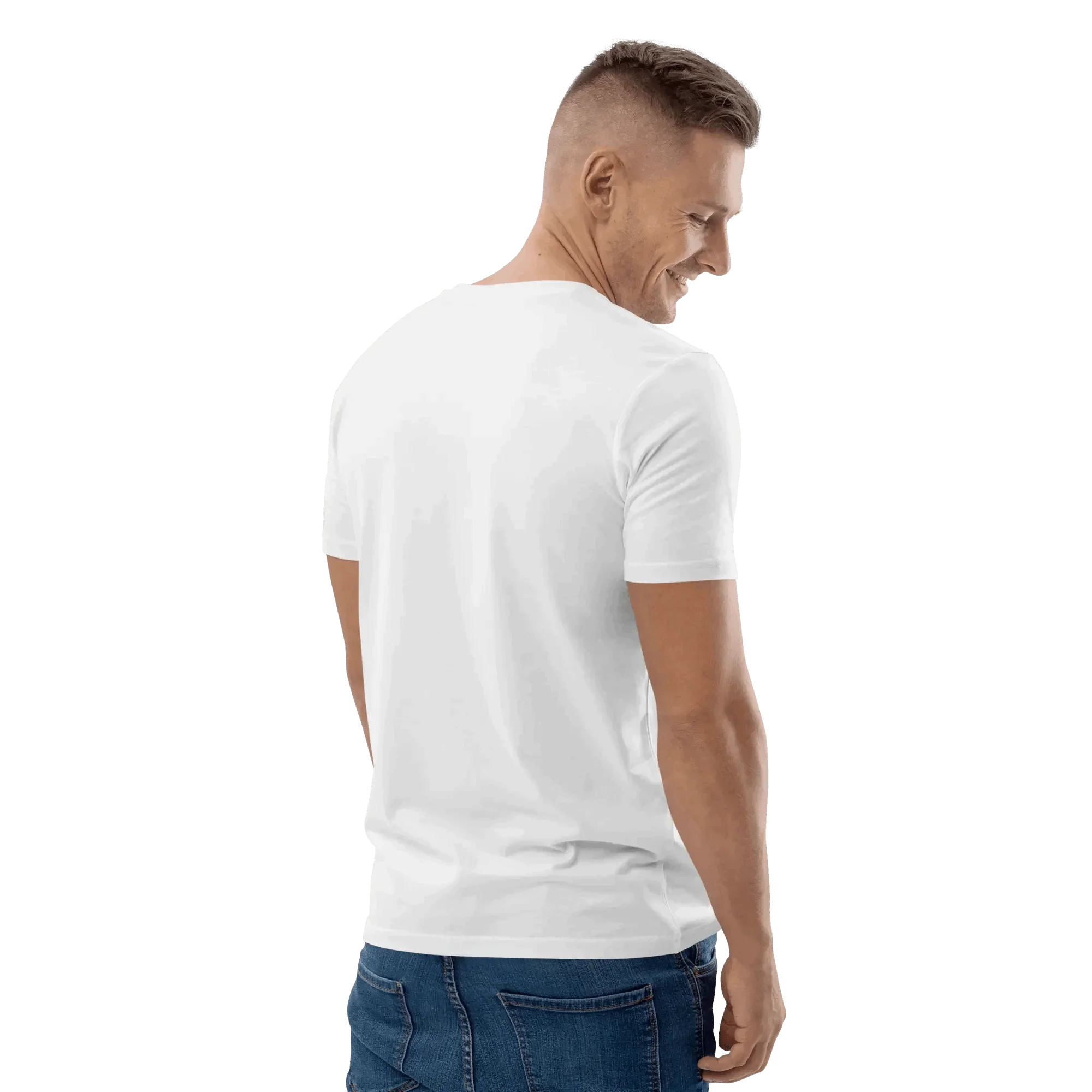 Rückseite des "No Problama" T-Shirts in Weiss, getragen von einem männlichen Model.
