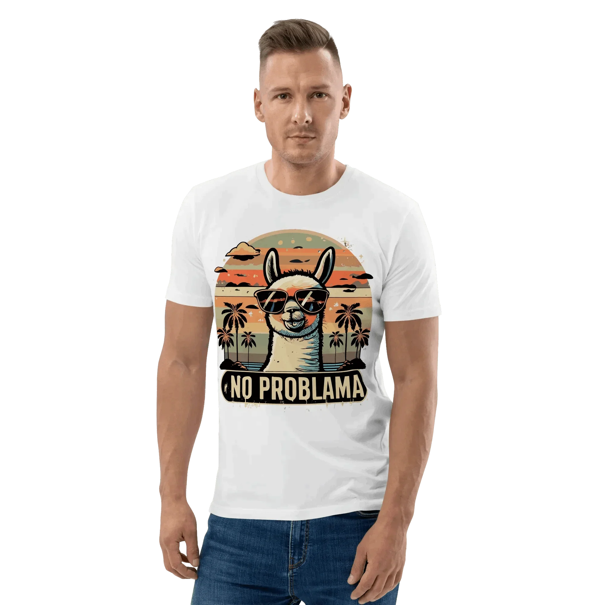 Mann trägt das lustige Lama T-Shirt in Weiss für mehr Gelassenheit.