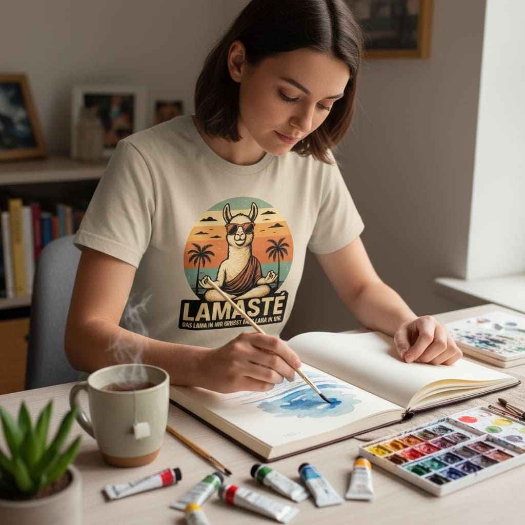 Kreative Person mit "Lamasté" T-Shirt malt mit Wasserfarben in einem Skizzenbuch.