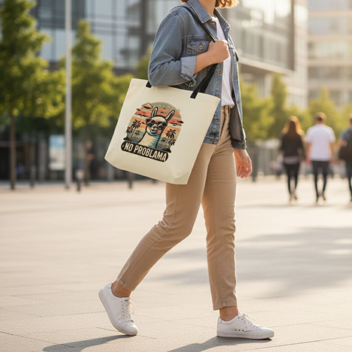 Eine Person trägt eine helle Lamaholic-Stofftasche mit dem 