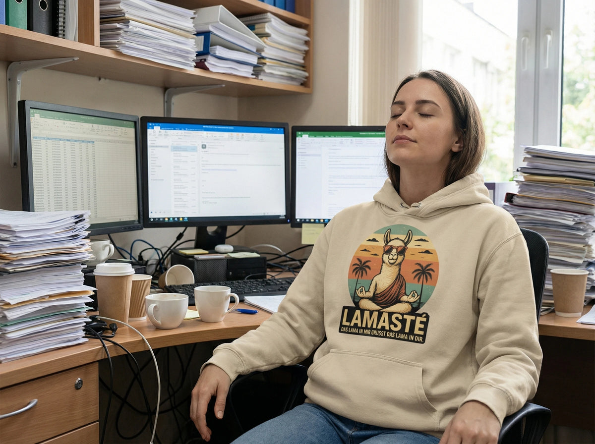 Lamasté Gelassenheit im chaotischen Büro – stoische Ruhe trotz Stress und Überforderung
