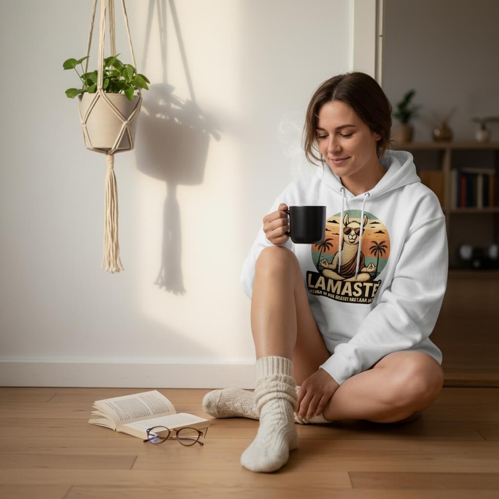 Eine junge Frau mit einem weißen 'Lamasté' Hoodie sitzt entspannt auf dem Holzboden, trinkt aus einer schwarzen Tasse und lächelt. Neben ihr liegen ein offenes Buch und eine Brille, was eine gemütliche Morgenstimmung unterstreicht