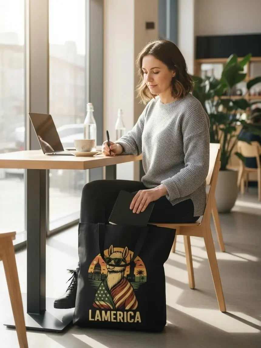 lamerica tasche in coworking | Jutebeutel mit Spruch, grosse Schultertasche und Stofftasche mit Statement