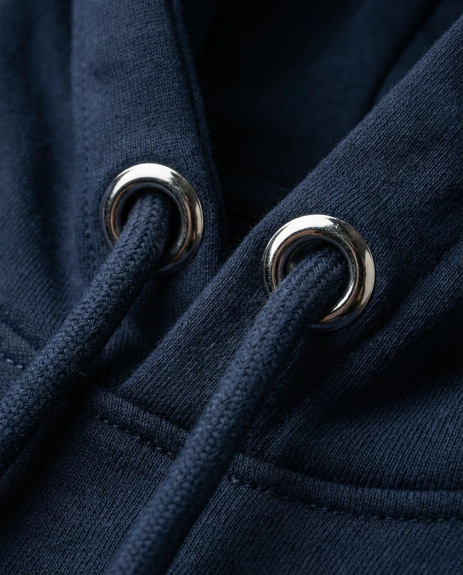 Detailaufnahme des lustigen 'Laminator'-Spruchs auf dem navy-blauen Hoodie für Gamer.