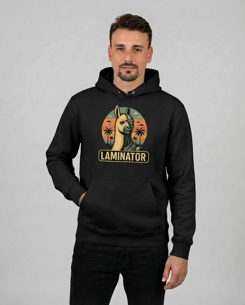 Schwarzer 'Laminator' Hoodie für Herren. Das ideale Geschenk für Gamer und Nerds mit lustigem Statement-Spruch.