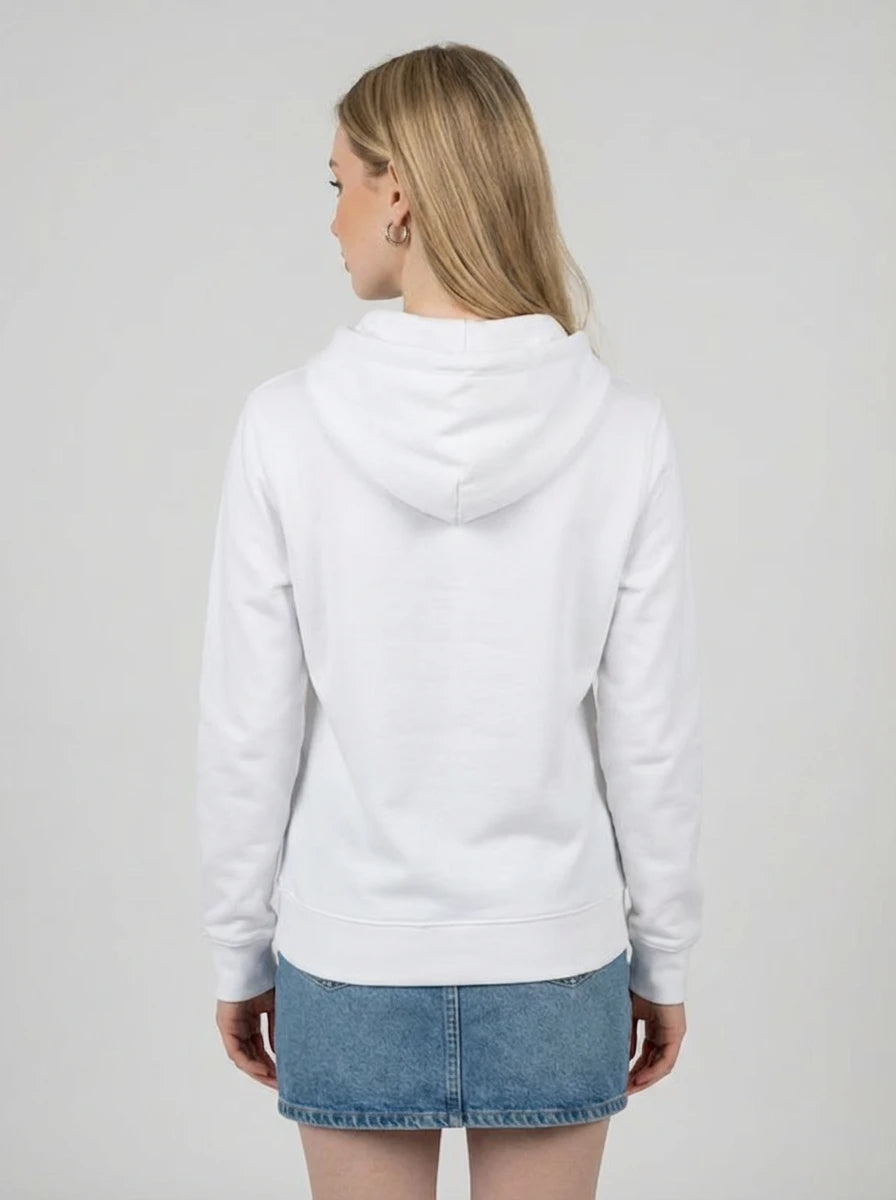 Rückansicht des weißen 'Laminator' Hoodies für Damen. Lässiger und bequemer Nerd-Style.