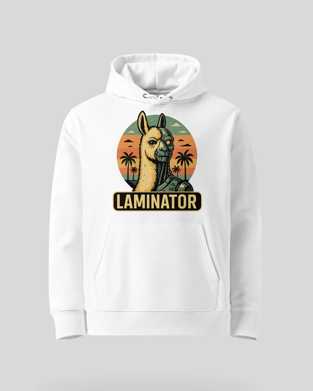 Freigestellter 'Laminator' Kapuzenpullover in Weiß. Das perfekte Geschenk für Gamer und Nerds als neutrale Produktansicht.