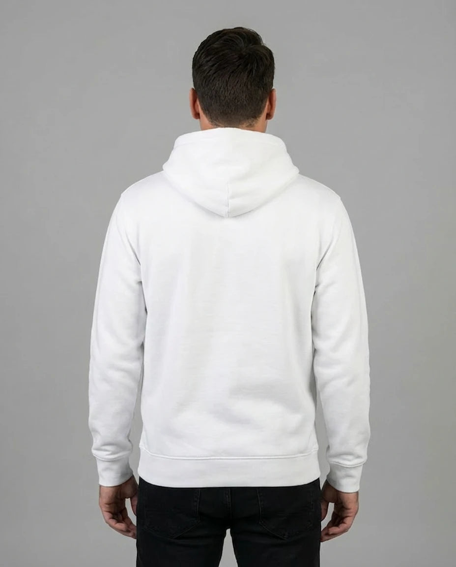 Gamer-Hoodie 'Laminator' in Weiß für Herren (Rückansicht). Perfekt für lange Nächte vor dem PC oder der Konsole.