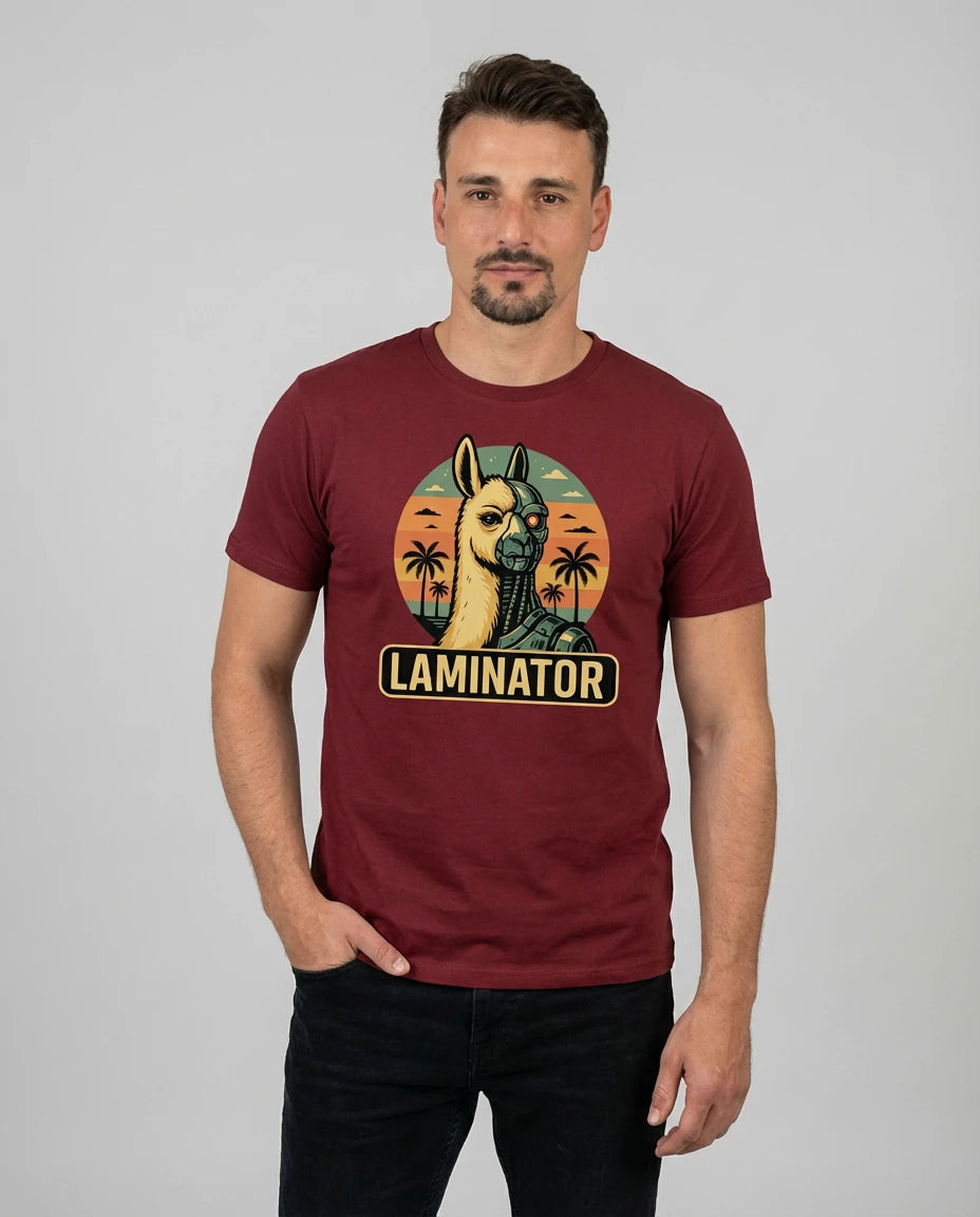 Statement T-Shirt "Laminator" für Herren in Burgundi, Frontansicht am Model. Zeige deine Nerd-Seite.