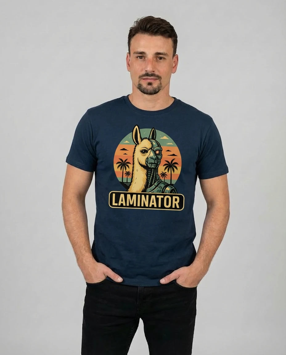 Statement T-Shirt "Laminator" für Herren in French, Frontansicht am Model. IT-Profi Outfit mit Humor.