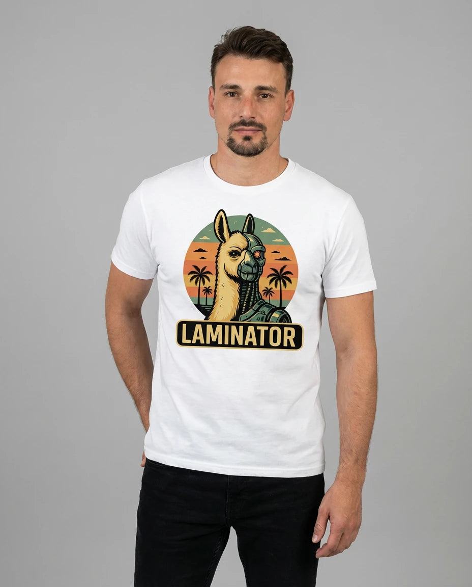Witziges T-Shirt "Laminator" für Männer in Weiss, Frontansicht am Model. Geschenk für Gamer & Nerds.